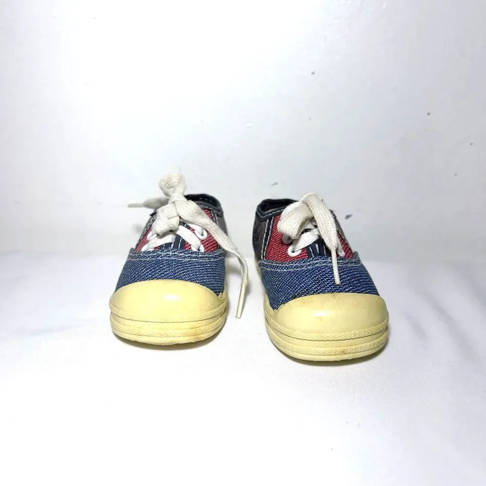 Vintage Baby Shoes Sneakers Size 2 Denim Blue & Red  Made USA